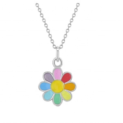 925 Sterling Silver Rainbow Enamel Daisy Pendant Necklaces dla dzieci i młodych dziewcząt