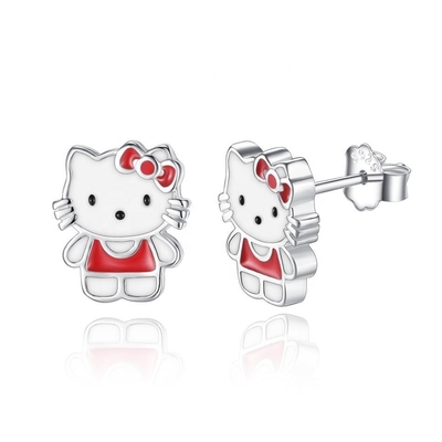 Kitty Childrens Srebrne kolczyki Stud Czerwone Białe Czarne biżuteria szkliwa W 925 srebra