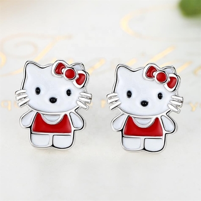 Kitty Childrens Srebrne kolczyki Stud Czerwone Białe Czarne biżuteria szkliwa W 925 srebra