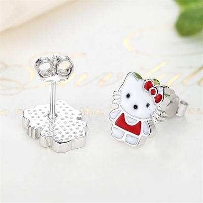Kitty Childrens Srebrne kolczyki Stud Czerwone Białe Czarne biżuteria szkliwa W 925 srebra