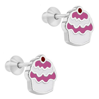 Cupcake Pink Enamel 925 Sterling Silver Screw Back Dzieci Kolczyki biżuteria