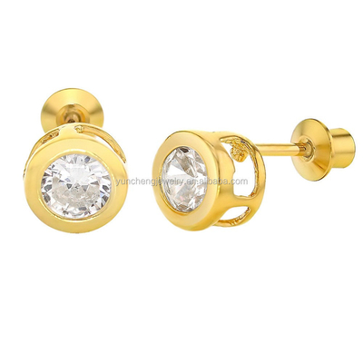Ręcznie wykonane 4mm Clear CZ Złote kolczyki stud dla niemowląt Dzieci 925 Srebrne biżuteria