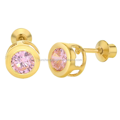 Ręcznie wykonane 4mm Clear CZ Złote kolczyki stud dla niemowląt Dzieci 925 Srebrne biżuteria