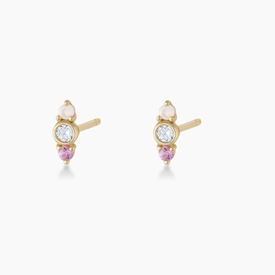Biały Opal I Różowy Sapphire CZ Stud Kolczyki Trzy kamienne sześcienne Zirconia Studs