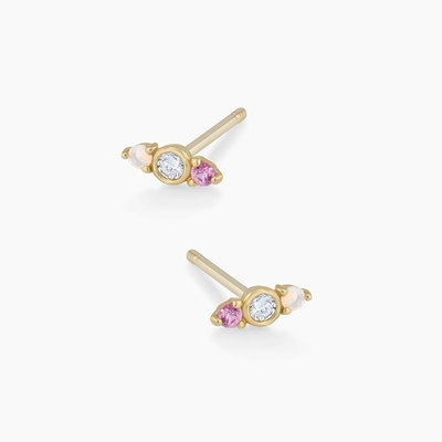 Biały Opal I Różowy Sapphire CZ Stud Kolczyki Trzy kamienne sześcienne Zirconia Studs