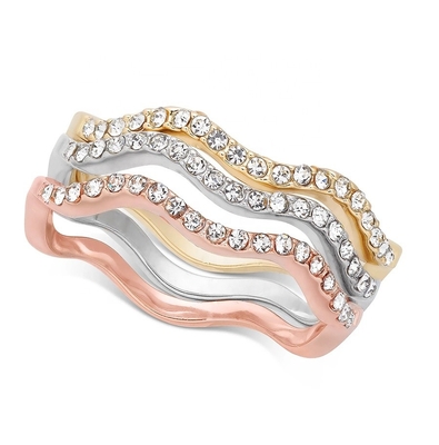 3 sztuky Pave Ring Set Rhodium Plated Wave Ring Sterling Silver
