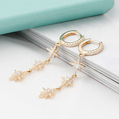Złote 925 srebrne brazylijskie kolczyki Starburst Long Dangle Hoop