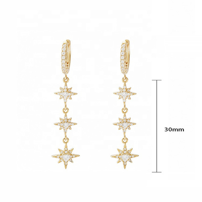 Złote 925 srebrne brazylijskie kolczyki Starburst Long Dangle Hoop