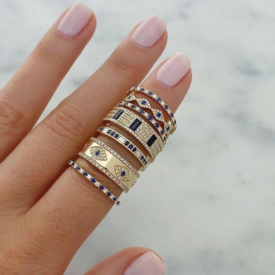 Niebieski Sapphire Biały CZ Eye Kobiety Eternity Band Brass Eternity Ring Dla Kobiet