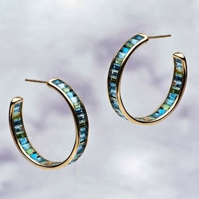 Biżuteria Główny Materiał Srebrny baguette Niebieski i zielony Topaz Stud Hoops dla klasycznego stylu