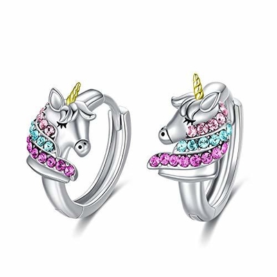 925 srebrny jednorożec Huggie kolczyki 16mm Pink CZ dla dzieci