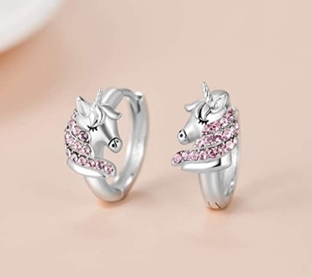 925 srebrny jednorożec Huggie kolczyki 16mm Pink CZ dla dzieci