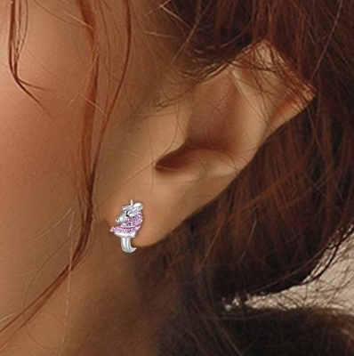 925 srebrny jednorożec Huggie kolczyki 16mm Pink CZ dla dzieci