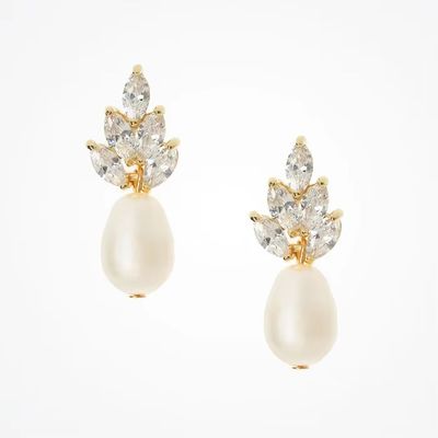 Handmade 18K Gold Plated Pearl Drop Earrings with White Glass Pearls for Bridal and Wedding