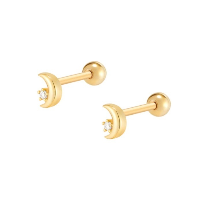 925 Sterling Silver Tiny CZ Moon Piercing Stud Kolczyk z zamknięciem tylnym