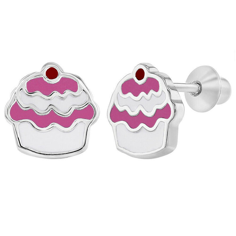 Cupcake Pink Enamel 925 Sterling Silver Screw Back Dzieci Kolczyki biżuteria