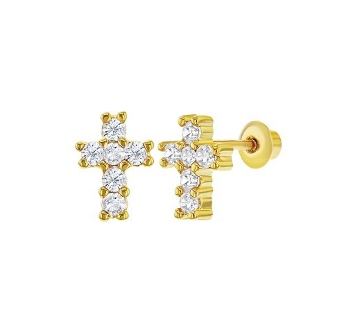 Mini Cross 18K Gold Baby Screw Back 925 Sterling Silver Stud Earrings with White CZ Stone