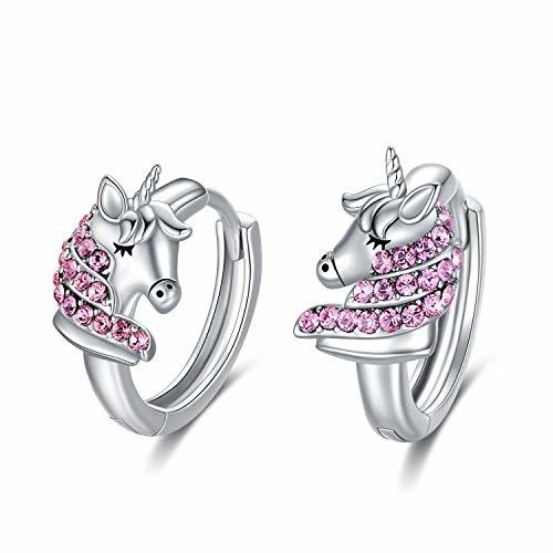 925 srebrny jednorożec Huggie kolczyki 16mm Pink CZ dla dzieci