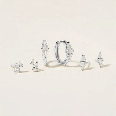 Trendy 18K złoto pokryte biały sześcienny cyrkon 925 Sterling Silver Stud & Huggies Set kolczyki