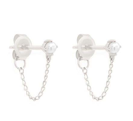 925 Sterling Silver Chain Drop Pearl Earrings Białe słodkowodne perłowe kolczyki