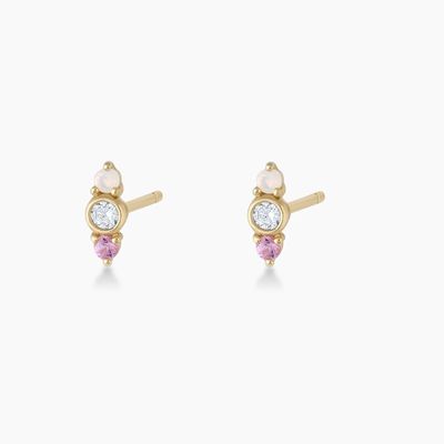 Biały Opal I Różowy Sapphire CZ Stud Kolczyki Trzy kamienne sześcienne Zirconia Studs