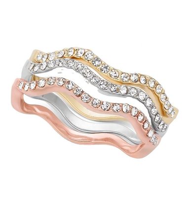 3 sztuky Pave Ring Set Rhodium Plated Wave Ring Sterling Silver