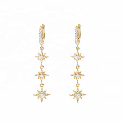Złote 925 srebrne brazylijskie kolczyki Starburst Long Dangle Hoop