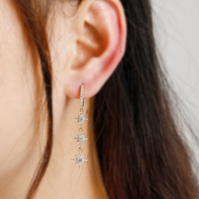 Złote 925 srebrne brazylijskie kolczyki Starburst Long Dangle Hoop