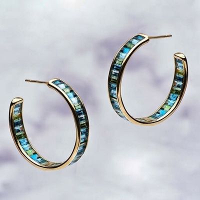 Biżuteria Główny Materiał Srebrny baguette Niebieski i zielony Topaz Stud Hoops dla klasycznego stylu