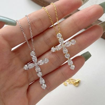Zastosować 925 Sterling Silver Cross Naszyjnik 18k Srebrny Krzyż I Łańcuch