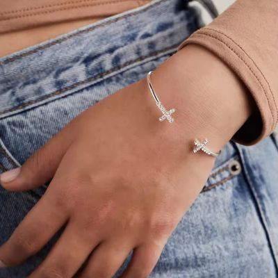Kryształowy Zirkon 925 Sterling Silver Bracelet Cross Cuff 18K Gold Bracelet