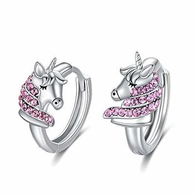 925 srebrny jednorożec Huggie kolczyki 16mm Pink CZ dla dzieci