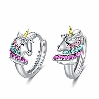 925 srebrny jednorożec Huggie kolczyki 16mm Pink CZ dla dzieci